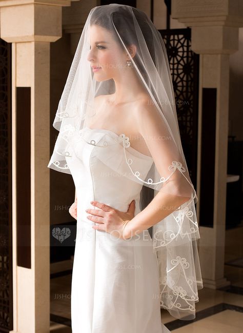 One-tier Waltz Bridal Veils With Cut Edge (006036635) Veils With Blusher, Wedding Veil Short, Fingertip Length Wedding Veil, Veil Short, Beaded Wedding Veils, Vintage Style Wedding Dresses, Modest Bridal Gowns, Drop Veil, Veil Length