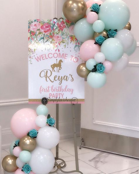 Simply Lavish Events on Instagram: “Welcome to Reya’s first birthday! . . . #carousel #carouseltheme #carouselthemeparty #partydecorations #kidspartyideas…” Baptism Decorations Girl, Hanging Balloons, Carousel Party, 2nd Birthday Party For Girl, Instagram Event, 50th Birthday Decorations, Events Planning, Luxury Party, Events Design