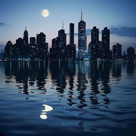 Moonlit Cityscape Reflection: A stunning city skyline under the glow of a full moon, beautifully reflected in tranquil waters. #city #moon #reflection #skyline #night #aiart #aiphoto #stockcake ⬇️ Download and 📝 Prompt 👉 https://stockcake.com/i/moonlit-cityscape-reflection_1049120_778278 Cityscape Reflection, Artworks Ideas, Water At Night, Moonlight Reflection, Moon Reflection, Skyline Night, Night Reflection, Clear Night Sky, Night Skyline