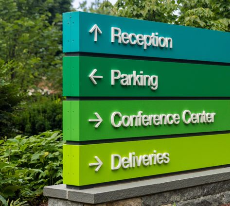 Multicolor Campus Signage for HHMI - C&G Partners Campus Signage, First Time Driver, Howard Hughes, Exterior Signage, Conference Center, Wayfinding Signage, Science Education, Emphasis, Brand Colors