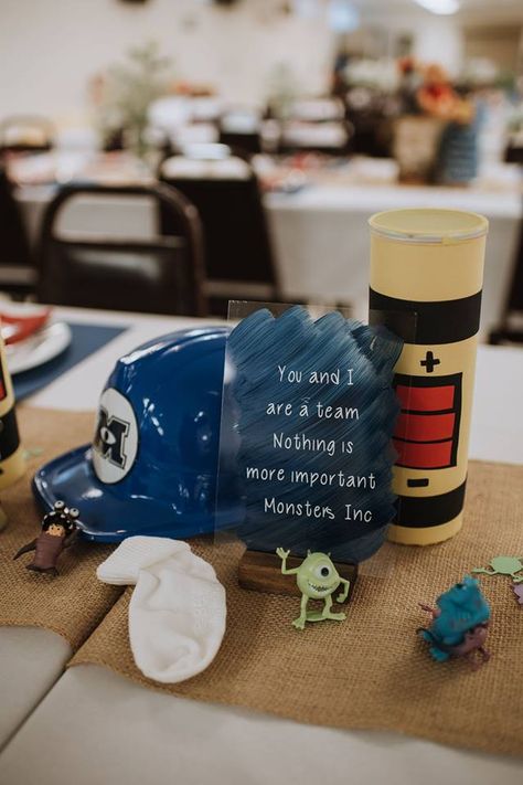 Monsters Inc Wedding, Pixar Centerpieces, Monsters Inc Centerpieces, Calling All The Monsters, 1st Birthday Party Themes, Birthday Princess, Disney Party, Baby Reveal, Disney Theme