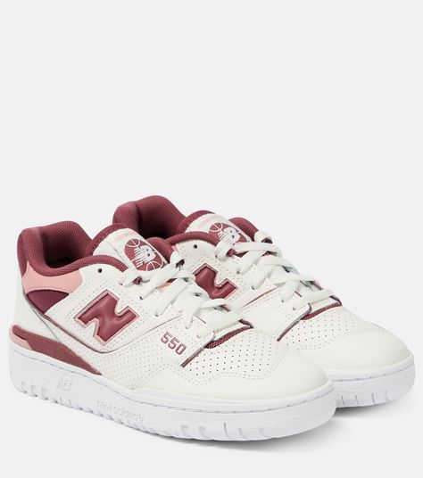 550 Leather Sneakers in White - New Balance | Mytheresa White Casual Sneakers, Basketball Silhouette, Burgundy Shoes, Personalized Shoes, Cute Nike Shoes, Cute Sneakers, Cute Nikes, Red Sneakers, Swag Shoes