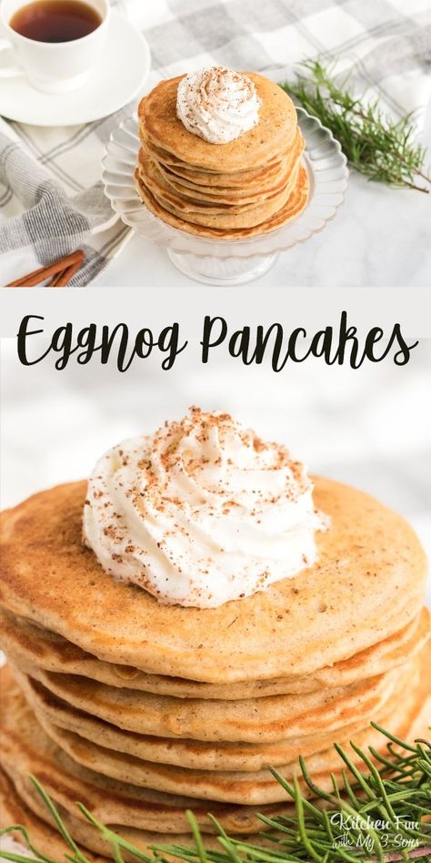 Eggnog Pancakes Recipe, Quick Pancake Recipe, Eggnog Pancakes, Quick Pancakes, Vegan Eggnog, Easy Eggnog, Christmas Morning Breakfast, Eggnog Recipe, Egg Nog