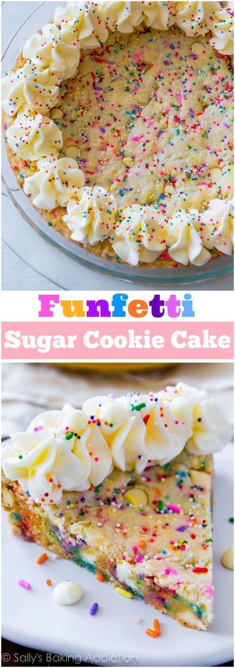 Sally's Baking Addiction Funfetti Sugar Cookie Cake - soft, chewy, thick, and loaded with sprinkles and white chocolate chips. Sugar Cookie Cake, Sugar Cookie Cakes, Torte Cupcake, Cookies Baking, Crumpets, Baking Cake, Yummy Sweets, Easy Dessert, Food Cakes