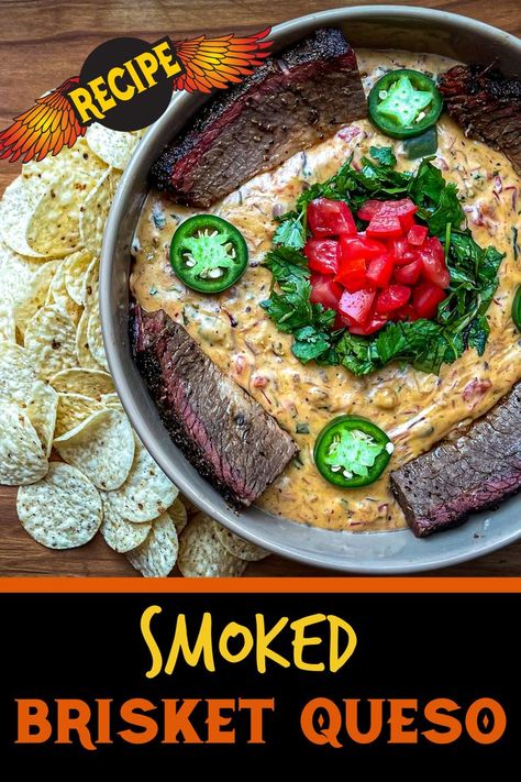 This Smoked Brisket Queso is the ultimate appetizer for your next party. Smoked on your pellet grill using Cookinpellets.com Longhorn Blend. Brisket, cheese, peppers and tomatoes combine with a hint of smoke from the pellets to create this amazing dip. Serve with chips and this will be the star of your next cookout. This easy smoker recipe will impress your family and friends. Brisket Queso, Grilling Appetizers, Bbq Leftovers, Easy Smoker Recipes, Grilled Appetizers, Pork Brisket, Spicy Queso, Bbq Appetizers, Pellet Grill Recipes