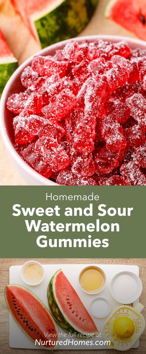 Sweet and Sour Watermelon Gummies - Nurtured Homes Sour Watermelon Gummies, Homemade Peach Ring Gummies, Fresh Summer Snacks, Home Made Candies, Gummy Candy Recipes Homemade, Homemade Gushers, Watermelon Gummies Recipe, Sugar Free Gummies, Sour Recipes