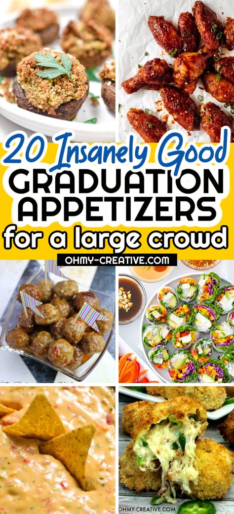 These Graduation Appetizers are easy to make for a crowd! Make delicious finger foods, dips and self-serve appetizers for your grad party! This Graduation Party Ideas: The Ultimate Guide will help with all your grad party planning! Open House Appetizer Ideas, Grad Party Appetizer Ideas, Grad Party Finger Foods, Grad Party Appetizers, Graduation Finger Food Ideas, Finger Foods For Graduation Party, Easy Grad Party Food, Graduation Appetizer Ideas, Graduation Appetizers