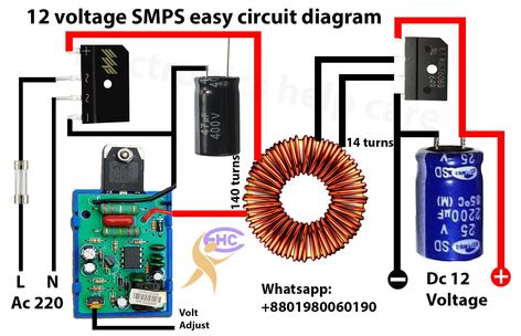 This is the 12-voltage SMPS circuit diagram. this is an easy circuit. used here KLY MK-21C Universal Power as the MOSFET. first makes ac 220 to Dc voltage 350. then the dc voltage goes to the transformer using this KLY MK-21C Universal Power. the transformer has 140 turns for the primary side and 14 turns for the secondary side. 14 turns also make ac voltage. in the secondary used one diode and one capacitor. Smps Circuit Diagram, Battery Charger Circuit, Basic Electronic Circuits, Base Words, Universal Power, Mobile Charger, Electronics Projects Diy, Circuit Diagram, Electronics Circuit