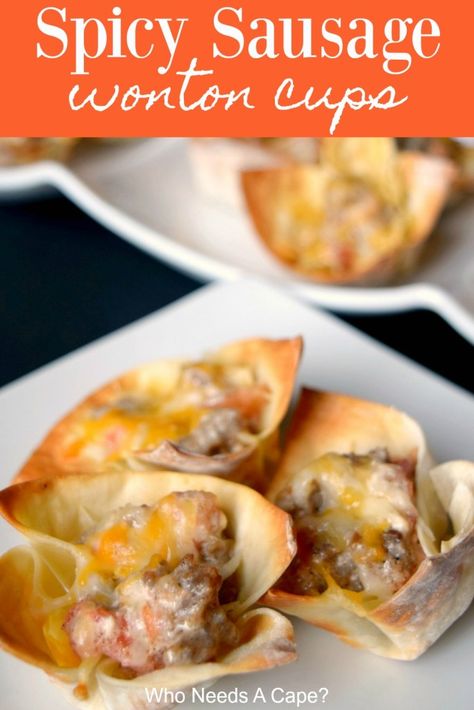 Sausage Cheese Wonton Cups, Wonton Quiche Cups, Won Ton Sausage Appetizers, Wonton Cups Appetizers Sausage, Sausage And Cheese Wonton Bites, Wonton Wrapper Recipes Sausage, Wanton Cups Recipes, Sausage Wontons Cups, Taco Wonton Cups Appetizers