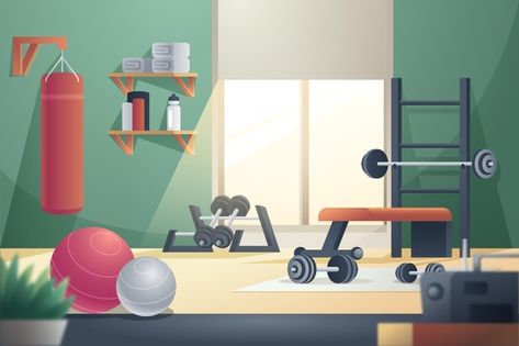 Gradient home gym with machines Free Vec... | Free Vector #Freepik #freevector #sports #fitness #house #health Gym Cartoon, Gym Background, Fitness Backgrounds, Underwater Background, Blue Bokeh, Room Illustration, Background Animation, Watercolour Texture Background, Scenery Background