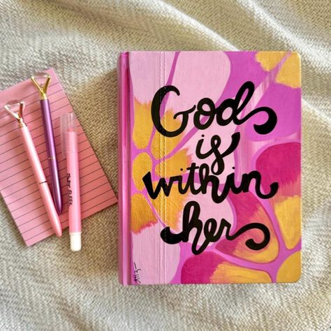 Pink Retro Floral NIV Bible God is Within Her Verse, Hand Painted Journaling Bibles, Groovy Floral Bible Cover, Journal the Word Women Bible - Etsy Painted Bible Cover Ideas, Bible Painting Ideas, Niv Journaling Bible, Preppy Artwork, Painted Bible Cover, Hand Painted Bibles, Women Bible Study, Painted Bible, Bible Christmas