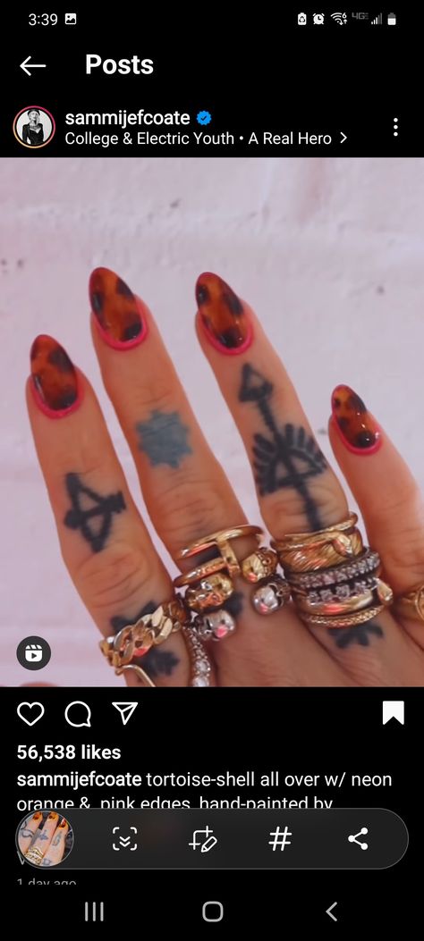 Pink Tortoise Shell Nails, Tortoise Shell Nails With Neon, Neon Tortoise Shell Nails, Tortoise Shell And Neon Nails, Summer Tortoise Shell Nails, Sammi Jefcoate Nails, Orange Tortoise Shell Nails, Colorful Tortoise Shell Nails, Tortishell Nails Design