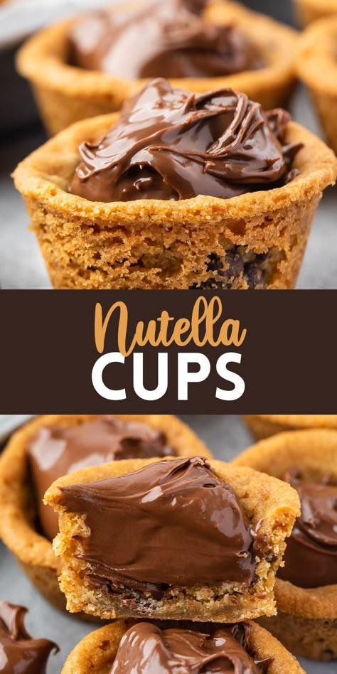 collage: chocolate chip cookie cup filled with nutella and cookie cup cut in half Filled Cookie Cups, Pillsbury Chocolate Chip Cookie Dough, Easy Xmas Dessert, Nutella Filled Cookies, Pillsbury Chocolate Chip Cookies, Chocolate Chip Cookie Dough Recipe, Pillsbury Cookie Dough, Cookie Dough Cups, 2 Ingredient Cookies