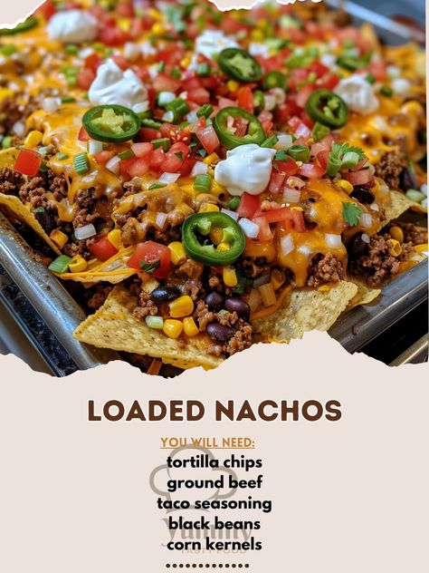 🌮🎉 Make Loaded Nachos your new party favorite! Crispy, cheesy, and irresistible. #LoadedNachos #SnackTime Loaded Nachos Recipe 🌟 Ingredients: 200g tortilla chips 300g ground beef 15g taco seasoning 100g black beans, drained 100g corn kernels 200g cheddar cheese, shredded 50g jalapeños, sliced 30g scallions, chopped 30ml salsa 30ml sour cream 30ml guacamole Instructions: Prepare the beef: Cook ground beef in a skillet over medium heat. Add taco seasoning and stir well. Layer the nachos: On... Ground Beef Nachos, Loaded Nachos Recipe, Nachos Recipe Beef, Corn And Cheese, Ground Beef Taco Seasoning, Loaded Nachos, Nachos Beef, Nice Recipes, Nachos Recipe