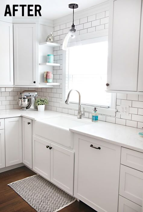 Subway Tile Around Kitchen Window, Tile Around Kitchen Window, Luxury White Kitchen Design, Kitchen Window Shelves, Luxury White Kitchen, Kitchen Sink Window, Before After Kitchen, Over Sink, Subway Tile Backsplash