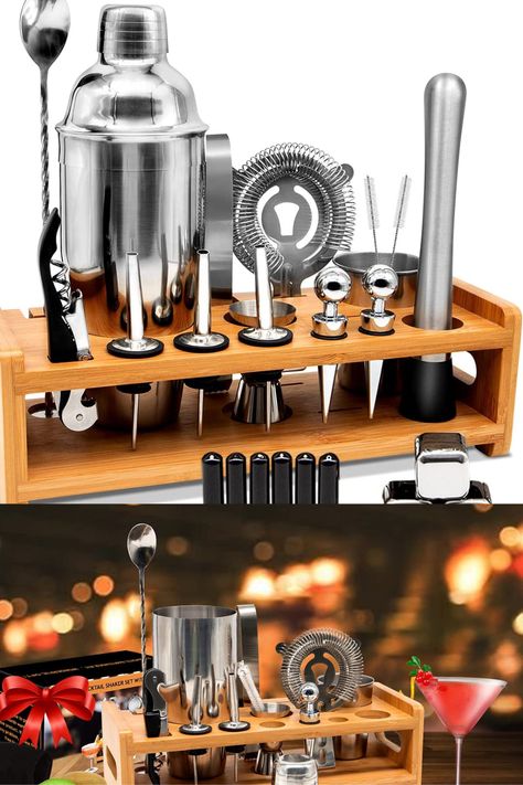 Bartender Set Contains - Cocktail shaker, storage cup, muddler, corkscrew, spoon, strainer, ice tongs, jigger, mesh strainer, 2 brushes, 2 bottle stoppers, 3 liquor pourers, 3 ice stones, 6 caps, bamboo stand. Our bar tool set can meet most of your bartenders' need, whether you're a professional or a beginner. Shaker Storage, Bartender Set, Bartending Kit, Ice Stone, Ice Tongs, Bar Tool Set, Cocktail Shaker Set, Bar Tool, Cocktail Kits