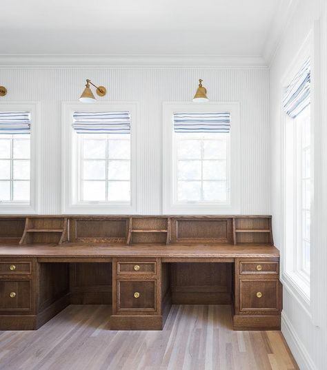 Boston Functional Library Wall Lights mount above windows in a home office furnished with brown oak built-in desks. The Fox Group, Fox Group, Homework Room, Inset Cabinetry, Interior Desig, Best Office, Interior Design Photos, Cabinetry Design, Built In Desk