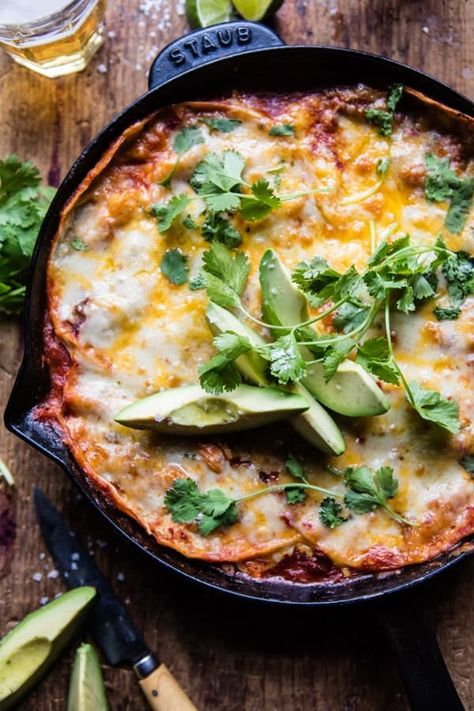 Skillet Chicken Tinga Enchiladas. Chicken Tinga Enchiladas, Half Baked Harvest Chicken, Cheesy Enchiladas, Chicken Tinga, Half Baked Harvest Recipes, Mexican Recipe, Skillet Recipes, Tasty Chicken, Harvest Recipes