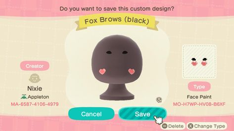 Fox Brows, Acnh Custom Design, Kawaii Heart, Animal Crossing Qr Codes Clothes, Face Painting Designs, Animal Crossing Game, Animal Crossing Qr, Chengdu, Animal Paintings