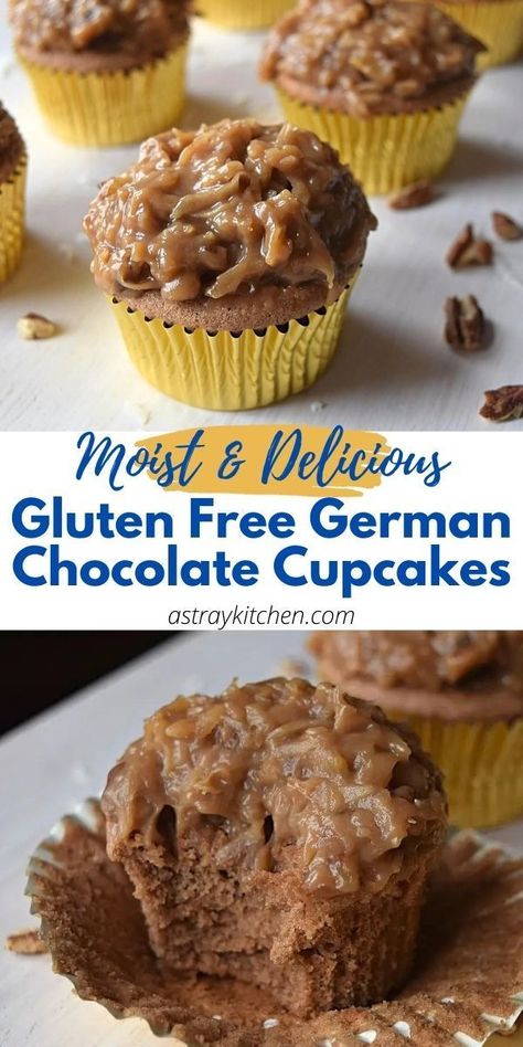 I create this gluten free German Chocolate cupcake recipe because German Chocolate cake is my mothers favorite type of cake. So when she said she wanted German Chocolate Cupcakes for her birthday I was totally on board with making them. Sweet and fluffy chocolate cupcakes are topped with a classic coconut and pecan frosting that is the hallmark of German chocolate desserts. German Chocolate Desserts, Gluten Free German Chocolate Cake, Fluffy Chocolate Cupcakes, German Chocolate Cake Frosting, German Chocolate Frosting, German Chocolate Cupcakes, Chocolate Cake Frosting, German Chocolate Cake Recipe, Chocolate Cupcake Recipe