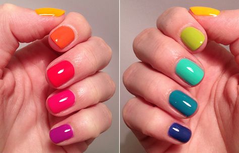 Hell yes rainbow nails! Bright Nail Polish, Rainbow Nails Design, Feather Nails, Unghie Sfumate, Nagellack Trends, Simple Nail Art Designs, Bright Nails, Nails Polish, Easter Nails