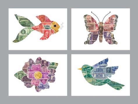 "Set of four 5\" x 7\" art prints Prints created using US postage stamps and my illustrations. The artwork is printed on a quality matte paper with quality inks from an inkjet printer. The prints are suitable for display in various rooms of the house." Postage Stamp Display, Postage Stamps Collage, Postage Stamps Crafts, Butterfly Fish, Postage Stamp Art, Stamp Printing, 5x7 Print, Custom Stamps, Stamp Crafts