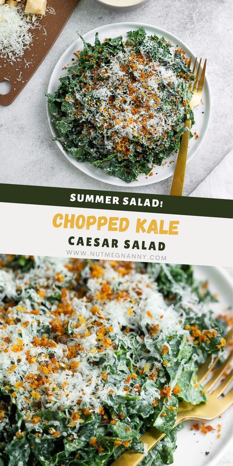 This chopped kale Caesar salad takes lacinato kale, grated parmesan cheese, and toasted breadcrumbs, drizzled with a creamy, yogurt-based homemade Caesar dressing. Spicy Kale Caesar Salad, Kale Romaine Caesar Salad, Kale Ceaser Salad Recipes, Homemade Ceasar Salad, Kale Cesar, Kale Cesar Salad, Macro Foods, Chopped Kale Salad, Homemade Caesar Dressing