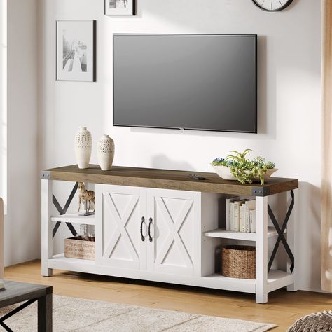 Alkmaar 60" TV Stand for TVs up to 65", Farmhouse Wood TV Stand Entertainment Center with Storage (White) (As an Amazon Associate I earn from qualifying purchases) Stand For Tv, Entertainment Center With Storage, Barn Door Tv Stand, Farmhouse Tv, Modern Tv Cabinet, Tv Stand Decor, Media Console Table, White Tv Stands, Modern Entertainment Center