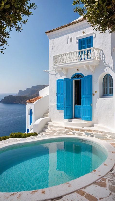 In Santorini island  blue pool overlooking the Mediterranean sea - AI creation Greek Balcony, Balcony Pool, Island Blue, Santorini Island, Blue Pool, Blue Island, Pool Deck, Mediterranean Sea, The Mediterranean