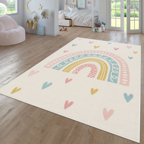 PRICES MAY VARY. SIZE: 63 x 87 inches | COLOR: Cream / Pastel Multicolored COMPOSITION: Machine Made / 100% Polypropylene / Backing: Jute / Pile-Height: 0.35'' / The Power Loomed construction adds durability to this Rug HIGHLIGHTS: Beautiful Pastel Color Look / kid and pet friendly / soft & robust / Suitable for Underfloor heating Free from harmful Substances - This Product is certified according to Oeko-Tex Standard 100 Easy to clean - we recommend spot cleaning with a mild detergent and regula Rainbow Rug Kids Rooms, Pastel Rainbow Girls Bedroom, Girls Rainbow Bedroom Ideas, Kids Rugs Bedroom, Playroom Rug Ideas, Rainbow Toddler Room, Kids Rainbow Bedroom, Pastel Rainbow Bedroom, Pastel Rainbow Room