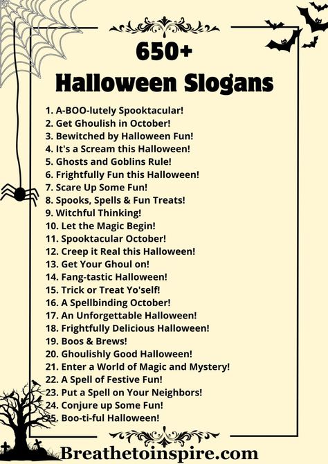 Halloween Slogans, Halloween Questions, Halloween Lunch Box, Halloween Captions, Business Ads, Halloween Tricks, Halloween Safety, Marketing Slogans, Halloween Eve