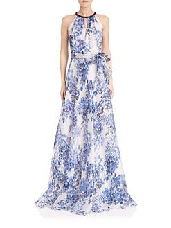 Carmen Marc Valvo - Beaded-Neck Printed Silk Gown White Beaded Dress, Floral Evening Gown, White A Line Dress, Floral Print Gowns, White Evening Gowns, White Ball Gowns, Beaded Evening Gowns, White Evening Dress, White Halter Dress