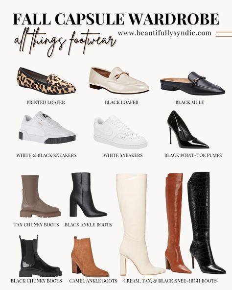 Fall Capsule Wardrobe | What to Wear This Fall 2021 White Chunky Boots, Black Chunky Boots, Capsule Wardrobe Pieces, Girls Heels, Black Knee High Boots, Fall Capsule Wardrobe, Boots Fall, Black Sneakers, Business Outfits