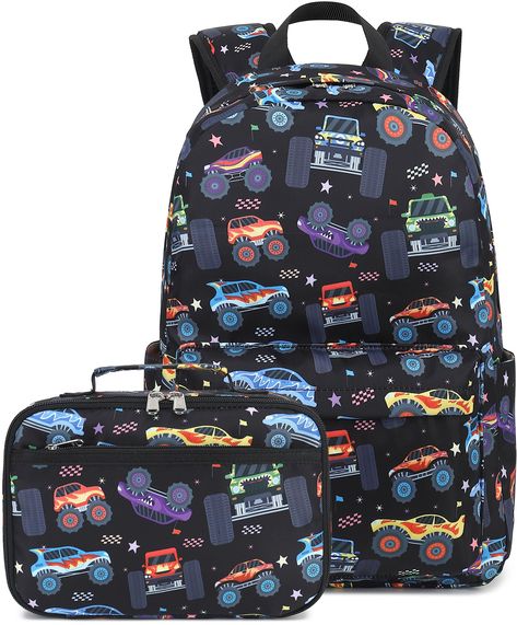 PRICES MAY VARY. The kids backpack set with cool monster truck pattern printed, including girls boys backpack: 15.7"(L)x11.8"(H)*5"(W) , lunch bag: 10"(L)*7(H)*4.3"(W) , beautiful matching sets for kids boys girls to start school. (Recommended for children 3-9 years) Preschool Backpack Features: The adjustable padded shoulder straps offer support and comfort while the adjustable chest strap stabilizes the load throughout the daily use of the school or outdoor activities. The insulated lunch bag Monster Backpack, Preschool Backpack, Kids School Backpack, Backpack Material, Boys Backpacks, Preschool Kids, Girl Backpacks, Kids Backpacks, School Backpacks