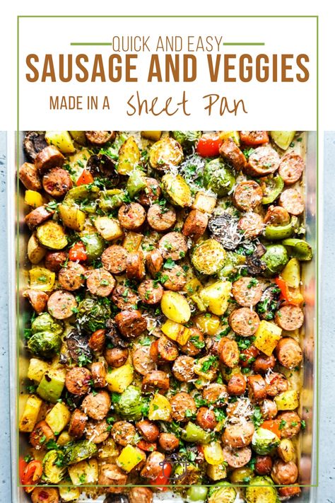 Quick and easy dinner recipe that gets done in about 30 mins. Sheet Pan Sausage and Vegetables is Whole30 approved and Paleo friendly. #sheetpan #sheetpandinners #sheetpansausage #sausageandvegetables #whole30 #paleo #dinnertime #easydinners #familyfriendly Veggies Roasted, Sausage And Vegetables, Vegetable Recipes Dinner, Sheet Pan Sausage, Sausage And Veggies, Dinners Healthy, Cooking Curry, Dinners Recipes, Sheet Pan Dinners Recipes