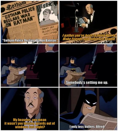 Alfred Being Sassy, Sassy Batman, Alfred Butler, Batman Alfred, Animated Batman, Leather Wings, Bat Joker, Batman Quotes, Batfamily Funny