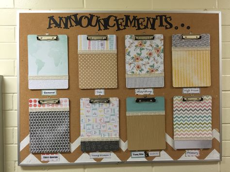 Lds church bulletin board. Church announcements. Neat and organized! Office Bulletin Board Ideas, School Office Organization, Church Announcements, Office Bulletin Boards, Painel Home, Work Bulletin Boards, Bulletin Board Design, Church Office, Office Organization At Work