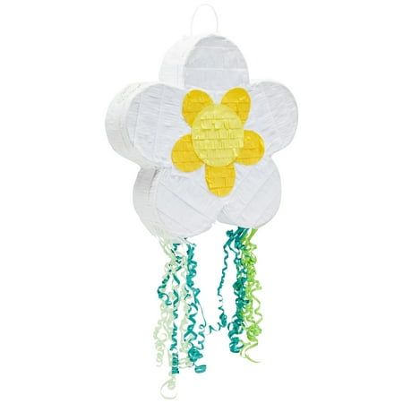 Item Description Add this white and yellow flower pinata to your daisy themed party decor to create a fun and enjoyable atmosphere for a girl's birthday, floral baby shower, or 60's-themed celebration! Your guest's anticipation will rise as they take turns pulling the decorative ribbons until one finally releases the contents inside! Display the kid's pinata as a decorative table centerpiece, or use the plastic loop at the top to hang from the roof, trees, railing, or ceiling. The daisy birthday Daisy Pinata, Flower Birthday Party Decorations, Spring Party Games, Flower Power Party, Floral Baby Shower Decorations, Flower Party Decorations, Flower Birthday Party, 40th Birthday Party Decorations, Woodland Baby Shower Decorations