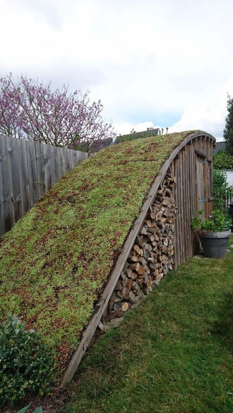 Grass Shed Roof, Garden Wood Storage, Exterior Sauna Design, Sloping Garden Design, Acreage Landscaping Ideas Country Life, Build A Root Cellar, Grass Roof, Root Cellar, Sauna Design