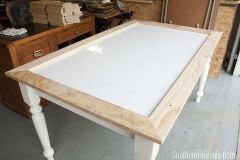 Tile Top Table Makeover | Updating a Tile Top Table with Wood Part 1 - Southern Revivals Tile Top Table Makeover, Table Top Redo, Tile Top Table, Diy Table Makeover, Tile Top Tables, Tile Tables, Floor Makeover, Diy Kitchen Table, Kitchen Table Makeover