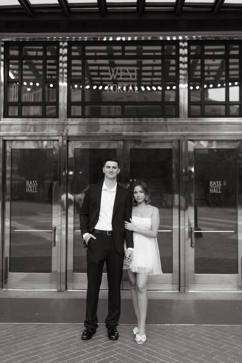 Downtown Vintage Inspired Engagement Session | Fort Worth Photography | Brandon + Molli | Marissa Merrill Photography Downtown Photoshoot Couple, Fort Worth Photography, Downtown Pictures, Engagement Shoot Outfit, Downtown Cleveland, City Engagement Photos, Downtown Wedding, Downtown Houston, Photos Inspo