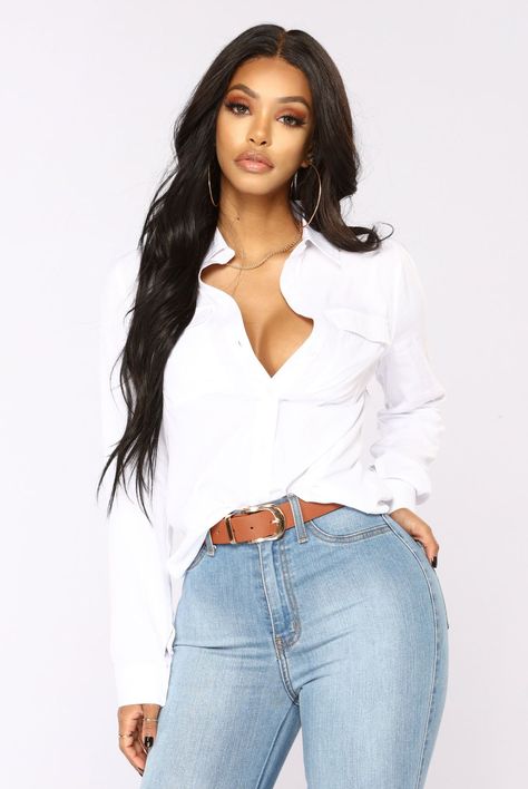 d961e9f236177d65d21100592edb0769desc42658046ri Work Outfit Black Women, Button Up Shirt Outfit Work, Work Outfit Black, Button Up Shirt Outfit, Pants And Top, Olive Shirt, Fashion Nova Tops, You Better Work, White Button Down