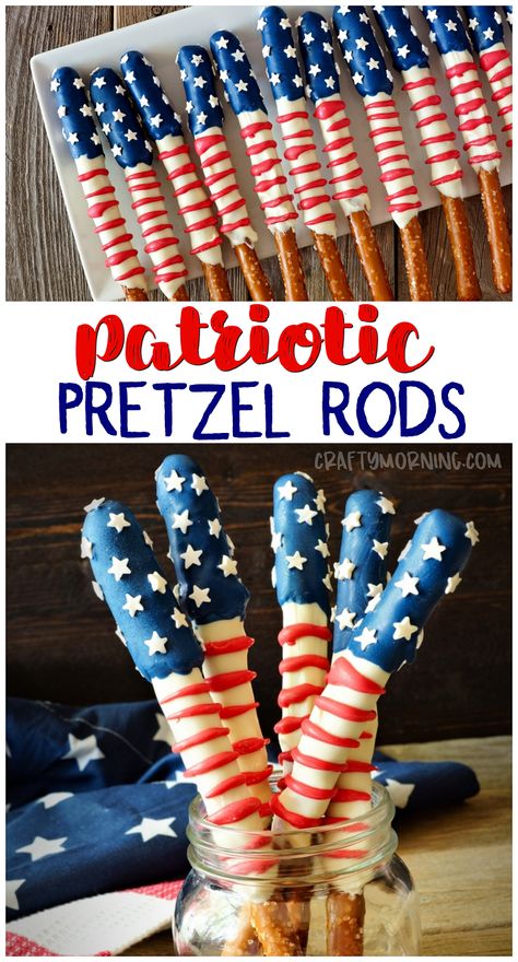 American Flag Pretzel Rods- patriotic dessert treat idea for the kids. 4th of july party dessert to bring. Centerpiece idea. Memorial day treats. Easy Office Desserts, Veterans Day Treats For Veterans, Patriotic Pretzel Rods, 4th Of July Pretzel Rods, Fourth Of July Food Snacks Party Ideas, America Themed Food, Patriotic Desserts 4th Of July, Fancy Pretzels, Patriotic Pretzels