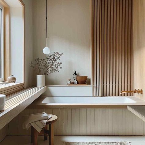 bathroom japandi Japanese Bathroom Tiles, Small Natural Bathroom, Japandi Bathroom Small, Bus Bathroom, Small Coastal Bathroom Ideas, Tranquil Interior, Organic Bathroom Design, Japandi Bathroom Design, Minimalist Bathroom Ideas