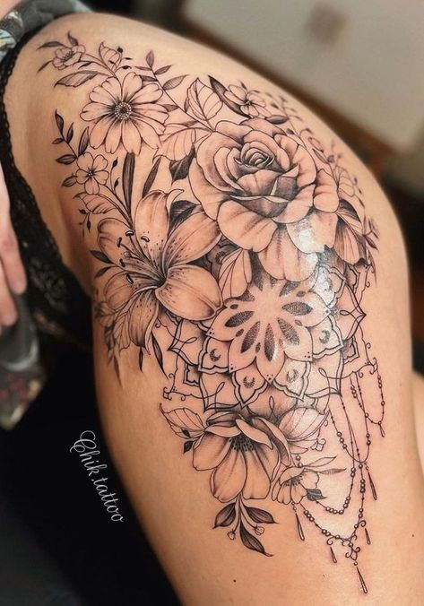 Cool Botanical Tattoo Ideas For Girls Thigh Sleeve Tattoo, Hip Tattoos For Women, Mandala Hip Tattoo, Floral Hip Tattoo, Mandala Thigh Tattoo, Mandala Tattoos For Women, Flower Hip Tattoos, Upper Leg Tattoos, Upper Thigh Tattoos