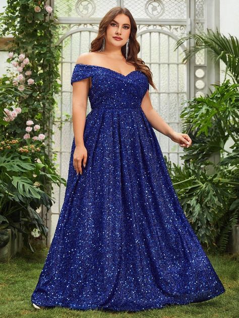 Plus Off Shoulder Sequin Formal Dress | SHEIN USA Quinceanera Dance, Blue Plus Size Dresses, Uzun Boy, Cocktail Dress Maternity, Plus Size Lace Dress, Plus Size Sequin Dresses, Plus Size Maternity Dresses, Maternity Evening Dress, Maternity Bridesmaid Dresses