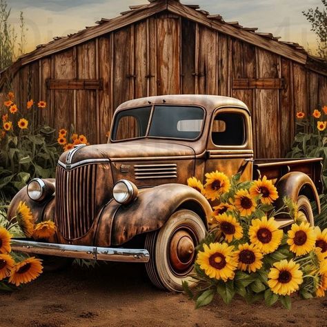 Painted Milk Cans Ideas Diy, Rustic Paintings On Canvas, Old Farm Truck, Barn Drawing, Sunflower Pics, Painted Saws, Vintage Landscapes, Country Images, Truck Pics