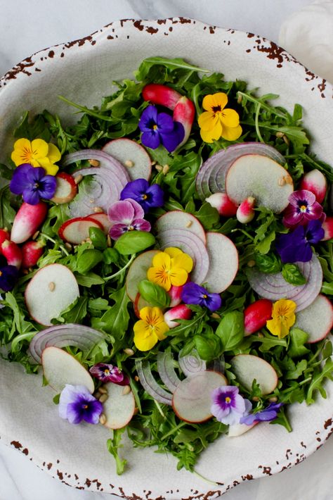 Wildflower and arugula salad with a basil orange blossom dressing Celebrate Photography, Flower Salad, Dinner Party Appetizers, Edible Flowers Recipes, Clean Eating Salads, Food Flowers, Types Of Salad, Culinary Cooking, Farmers Market Recipes