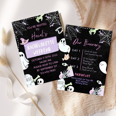 Halloween Party Invitation, Halloween Bachelorette, October Bachelorette, Spooky Bachelorette, Lets Go Witches, Spooky Invitation Template  Digital File ✔️ What You get 💌5X7 Invitation Template  👍 Lifetime Access to Canva Template ✨This invitation is self-editable in CANVA (Super Easy to use on computer and phone app in minutes)!  ✨ In Canva, you can save your template and continue editing at any time. ✨ After purchase, you'll receive an email with a PDF that includes a link to access your tem Bachelorette Invite, Bachelorette Theme, Bachelorette Invitation, Bachelorette Itinerary, Boozy Brunch, Invitation Halloween, Bachelorette Themes, Halloween Invitation, Halloween Party Invitation