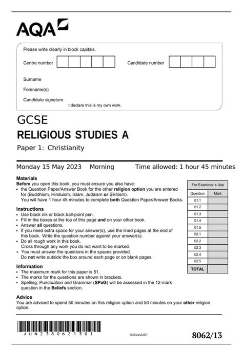 aqa-gcse-religious-studies-a-paper-1-christianity-monday-15-may-2023 Gcse Revision, How To Pass Exams, 15 May, Religious Education, Religious Studies, May 2023, Question Paper, School Motivation, Question Mark